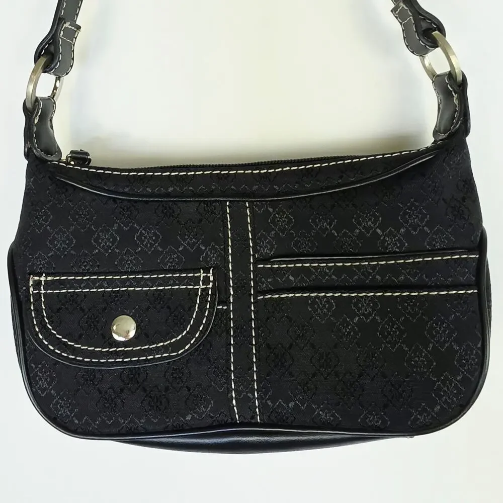Villager Liz Clairborne Shoulder Bag Small Black Monogram Jacquard Pocket Y2K